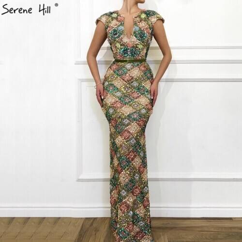 Dubai Multicolored Sequins Sexy Prom Dresses 2020 Handmade Flowers Luxury Sparkle Formal Dress Women Elegant BLA60844