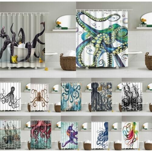 3D Waterproof Shower Curtains Fabric Polyester Sea Octopus Printing Shower Curtains Available Bathroom Shower Curtains