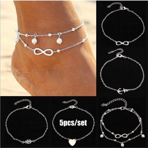 Han Zhishang 5-piece peach heart anchor head artificial pearl alloy foot chain womens foot chain bracelet multi group suit