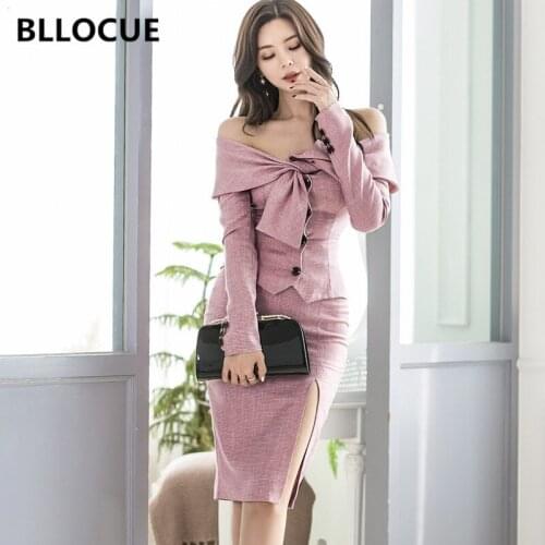 BLLOCUE 2020 New Spring Korean Office Lady 2 Piece Set Slim Sexy One Word Collar Top+High Waist Split Package Hip Skirt Suits