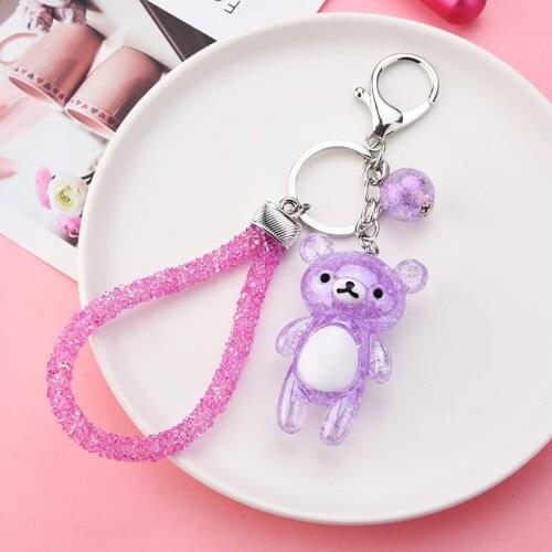 Cartoon Bear Acrylic Key Chain Flash Drill Leather Cord Key Fob Keyring Backpack Pendant Couples Women Men Gift Keychain