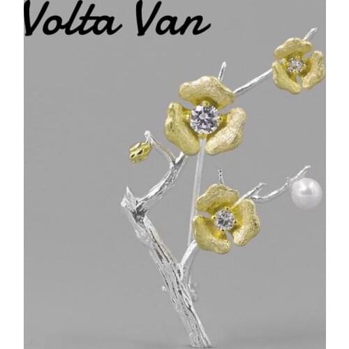 Volta Van 925 Sterling Silver Women Brooches Pins Zircon Vintage Fine Jewelry 2021 New Shell Beads Plum Blossom Concise Brooch