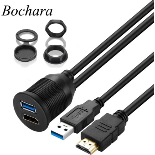 Bochara USB 2.0 USB 3.0+HDMI Compatible Extension Cable Male to Female USB Flush Mount Panel Dashboard Cable For Car Motorcycle
