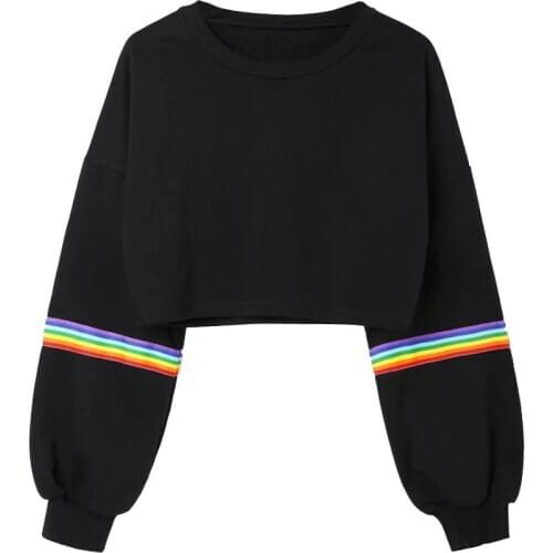 Rainbow Striped Patchwork Hoodie Long Sleeve Casual Short Sweatshirt Fashion Sexy Womens Pullover Tops Harajuku Lgbt Clothes