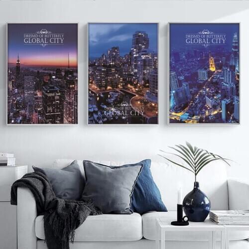 Customized Modern City Photography Beautiful Night View Skyscraper Bright Lights Hd Printing Frameless Canvas Decoration Poster