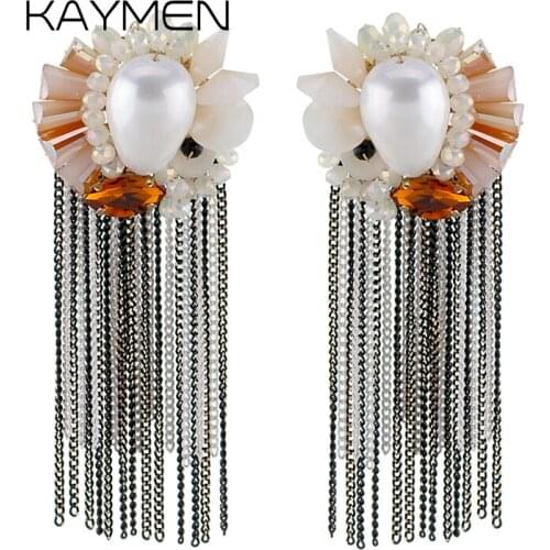 KAYMEN New Beautiful Flower Crystal Tassels Dangle Earrings for Girls Handmade Statement Pearl Drop Earrings Bijoux 4106