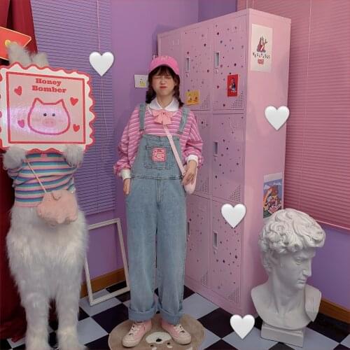Vintage Style Cute Womens Suspender Straps Jumpsuit Straight Trousers Piggy Embroidery Overall Jeans Loose Denim Pants