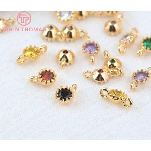 10PCS 4MM Hole 1MM 24K Gold Color Brass with Colorful Zircon Round Charm Pendants for DIY Jewelry Making Findings Accessories