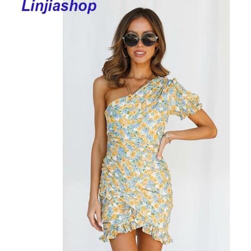 Fashion Women Sexy Oblique Shoulder Floral Print Mini Dress Female Sweet Ruffle Draped Holiday Party Dress Summer Robe