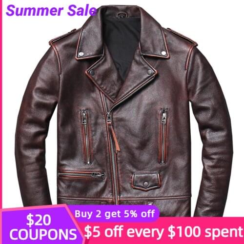 2021 Vintage Brown Motorcycle Style Genuine Leather Jacket Men Plus Size 4XL Real Natural Cowhide Spring Slim Fit Biker Coat