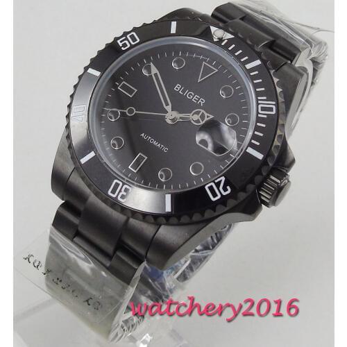 40mm bliger black dial sapphire glass date ceramic bezel automatic movement mens watch