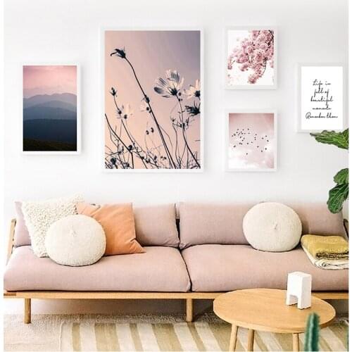 Posters And Prints Wall Pictures For Living Room Decor Cherry Blossoms Flower Sky Bird Quote HD Wall Art Canvas Painting Nordic