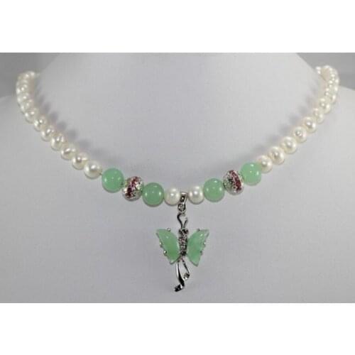 Ping Wholesales -Jewelry Noblest white pearl &Jade green butterfly pendant necklace