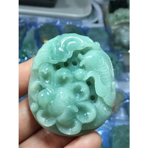 Real 7A Myanmar jade Hand-Carved lotus jade lfish green jade pendant necklace pendants jewelry jade necklaces