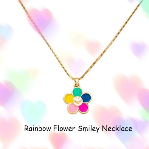New INS Rainbow Flower Smiley Necklace for Women Y2K Jewelry Vintage Egirl Style Harajuku Necklace 2000s Fashion Friends Gifts