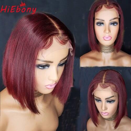 HiEbony Short 99j# Bob Lace Front Human Hair Wigs Bleached Knots 180% Brazilian Remy T-Type 13x6 Lace Front Wigs for Black Women