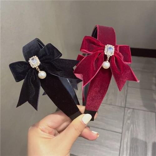 Gold Velvet Bow Hair Band Girl Sweet Fashion Korean Girl Water Brick Hanging Pearl Women Headband Headdress ozdoby do wlosow