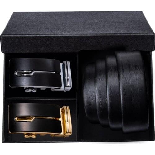 Men Belt, Barry.Wang Black Leather Belt Automatic Slide Ratchet Buckle Removable Belts Gift Box for Men Formal Waist Strap Belt