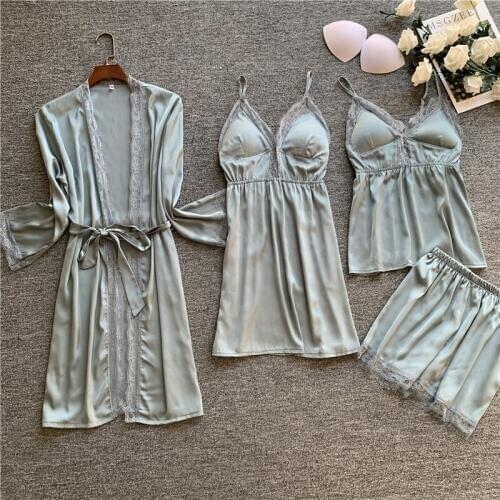 Sexy Lace Stain Sleepwear Pajamas 4 Pieces Women Pajamas Sets Faux Silk Sleepwear Sets Summer Sling Shorts Robe Gown Home Wear