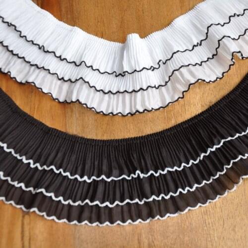 Free Shipping Black/White Three-Layer Pleated Wave Lace Trim Clothes Decoration Fabric Width 8cm 5Yds/lot