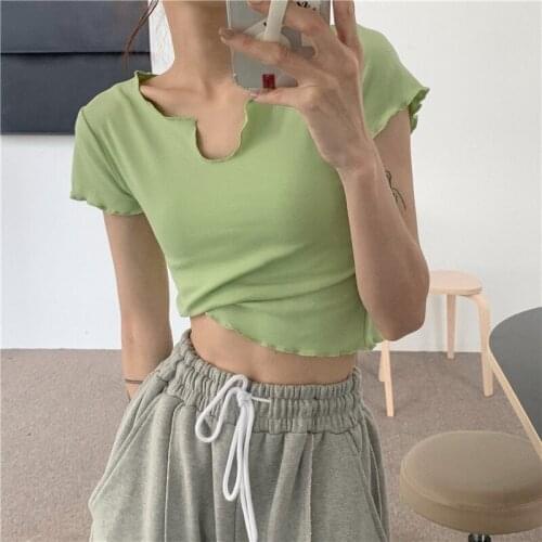 Green Slim Clavicle T-shirt Womens V-neck Short Sleeve 2021 Summer Fashion Trend Y2k Tops Short Navel Bare Top Women Clothes