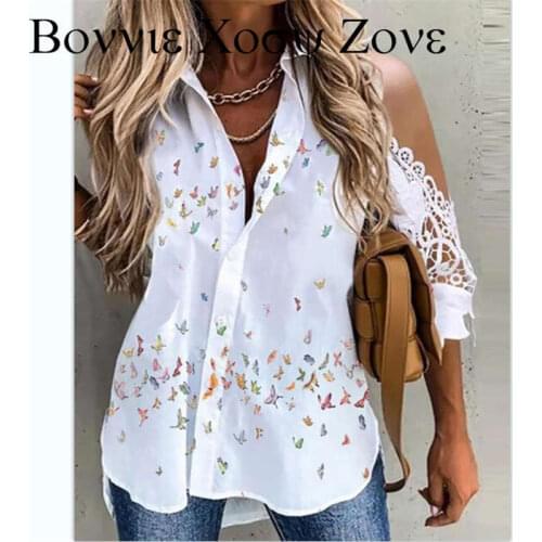 Women Summer Three Quarter Length Turn-down Collar Butterfly Print Lace Patch Cold Shoulder Top Guipure Lace Button Shirt Blouse