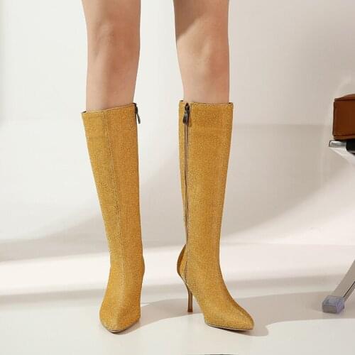 2021 Stretch Leather Boots Thin High Heels Shoes Pointed Toe Women Boots Autumn Winter Solid Color Mid Calf Boots Size 45 46 47