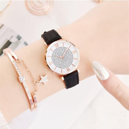 Women Luxury Quartz Watches Round Rhinestone Dial Bracelet Watch Sets PU Leather Band Ladies Wristwatches Montre Femmes Damenuhr