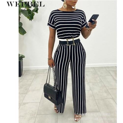 WEPBEL Women Elegant Stripe Loose Jumpsuit Ladies Casual Fashion Short Sleeve O Neck Straight Trousers Romper Overalls