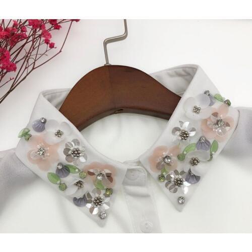 Womens Detachable Blouse False Collar Handmade Beading Rhinestone Sequins Flower Lapel Adjustable Half-Shirt Necklace F3MD
