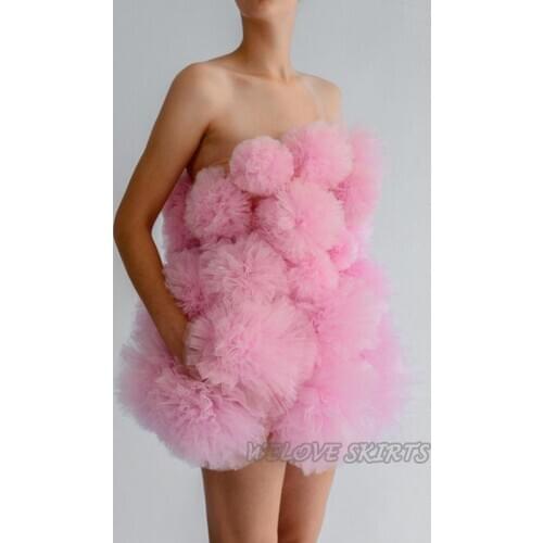 Pink Tulle Blossom Strapless Party Dresses Prom Gowns Custom Made Short Puffy Woman Evening Party Wear Dress