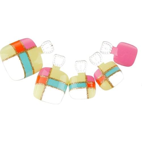 24pcs False Toe Nail Tips Full Cover Fake Nails Medium Pre-designed Multicolor Pattern Toe Artificial Nail Art