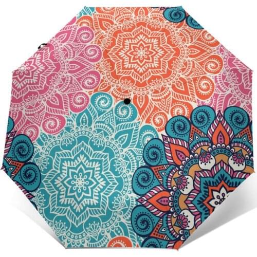 Automatic Umbrella Rain Women Three-folding Umbrella Colorful Mandala Windproof Umbrella Female Waterproof parasol
