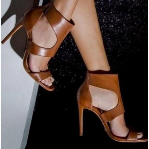Summer Leather Shoes Fashion Solid Color Casual Open Toe Womens Sandals Size 34-43 Super High Heel PU ZIP Thin Heels 11CM brown