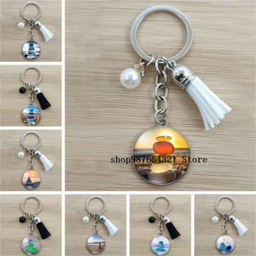 Brand new summer beach pebble keychain, cabochon glass color stone balance stone photo keychain, car bag charm keychain jewelry