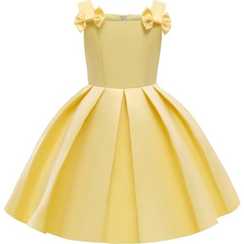 Childrens Princess Dresses 2021 Spring New Yellow Little Girls Pleated Dresses For Girls Dresses Bow-knot Strap Evening Dresses