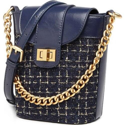Bags for women 2020 gold chain handbag Tweed bucket bag small blue shoulder crossboday handbags