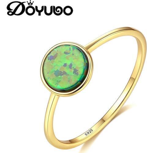 DOYUBO Luxury Women Sterling Silver 6mm Round Opal Wedding Ring Simple Lady Semi Precious Stone Cocktail Ring Jewelry VB290