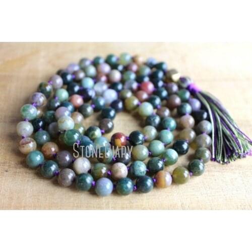 MN36761 Indian Agate 108 Amethyst Mala Necklace Boho Jewelry Meditation Beads Yoga Jewelry Tassel Necklace Yoga Necklace