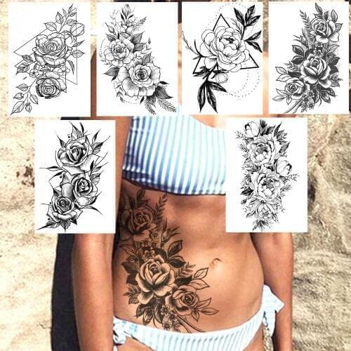 Pencil Sketch Rose Temporary Tattoos Realistic Fake DIY Geometric Black Flower Tatoo For Women Body Art Wasit Tatoo For Festival