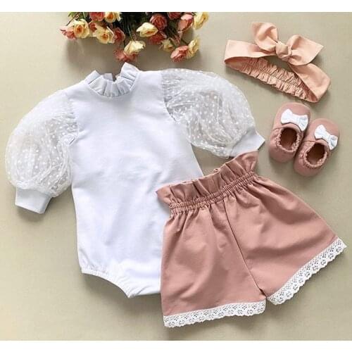2PCS Infant Toddler Girl Clothes, Lace Long Sleeve Ruffle Romper Bodysuit + Elastic Waist Shorts Outfits