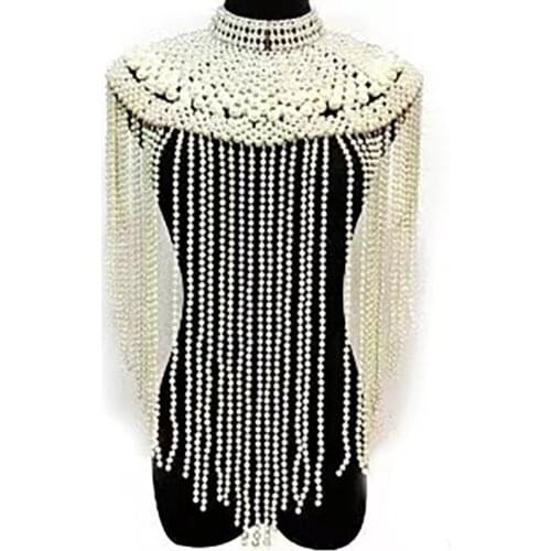 Fashion tassel design Pearl shoulder chain big size necklace pearl-body-chain for women jewelry wedding dress accessories