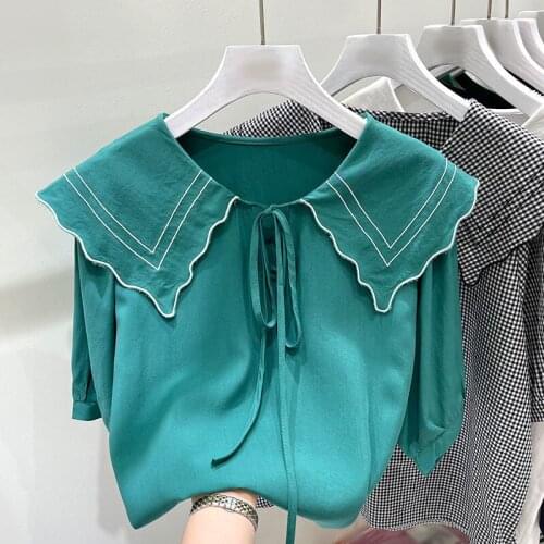Fashion Design Women T-Shirts Summer New 2021 Turn-Down Collar Solid Short-Sleeved Straight Elegant Female Pulls Tops Tees
