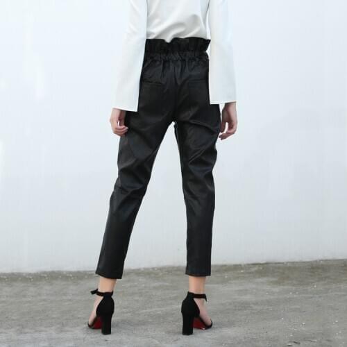 2020 New Casual Women Ankle Length Pu Leather Harem Pants Joggers Bow Lace Up Ruffles High Waist Pants Zipper Trousers Female