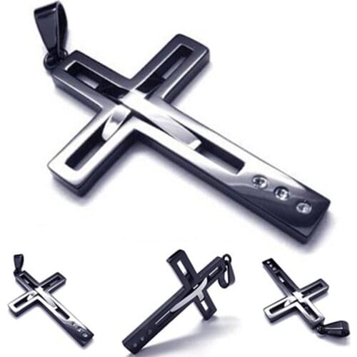 Wholesales Men\s Black Titanium Steel Punk Cross Pendant Chain Hollow Fashion Necklace