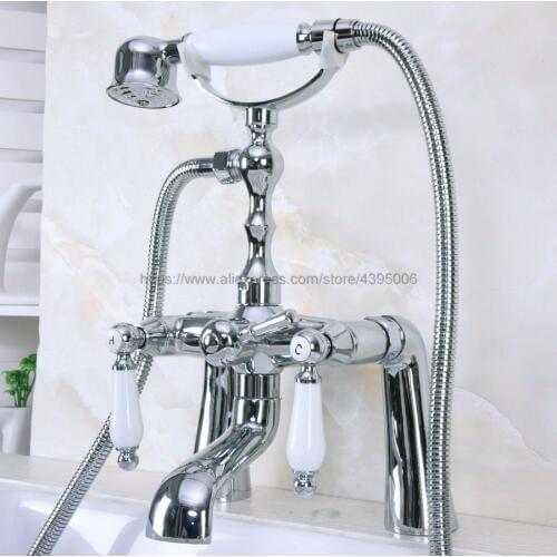 Polished Chrome Dual Handles Bathtub Faucet Deck Mounted Swive Spout with Handshower Tub Mixer Tap Bna110