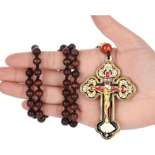 Orthodox Crucifix Jesus Cross Pendant Necklace Wooden Rosary Beaded Chain Necklace for Men Religious Prayer Jewelry Gift