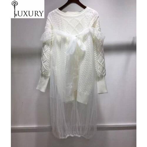 Sweaters Winter 2020 Autumn and Pullovers Women High Quality Knitting Geometrical Pattern Sexy Bow Deco Long Sleeve White Jumper