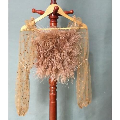 Real ostrich fur crop top furry with long lace sleeve 2021 feather Japan Korea summer fluffy short mesh Stretchable