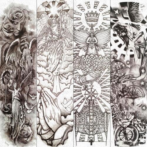 FANRUI Goddess Of Wisdom Athena Temporary Tattoos Full Arm Black Sun God Tattoo Sticker Long Flowers Water Transfer Fake Tatoos